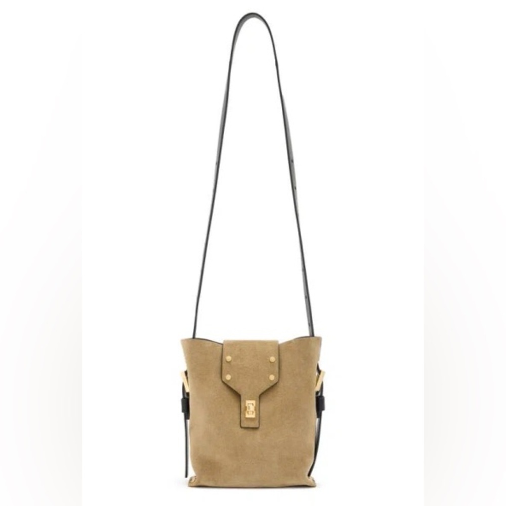 AllSaints Suede Crossbody Bucket Bag in Taupe with Black Strap - Picture 6 of 13